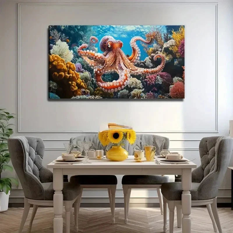 Vibrant Octopus Nature Wall Art Canvas Office Home Room Framed 80x45cm