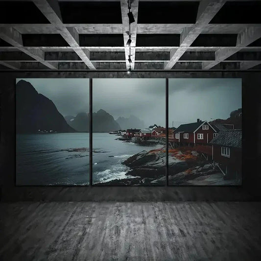 3pcs Black Sky Big Mountain Houses Metal Print Ready to Hang Art