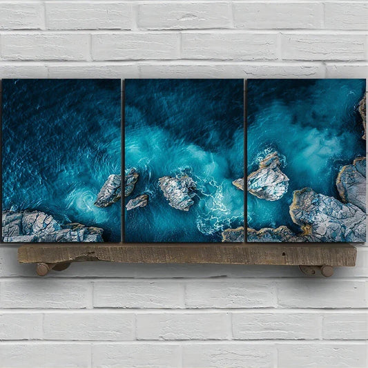 3pcs Rocky Coastline Blue Waves Metal Print Ready to Hang Art