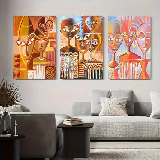 3pcs Vibrant African Faces Modern Abstract Metal Print Ready to Hang Art