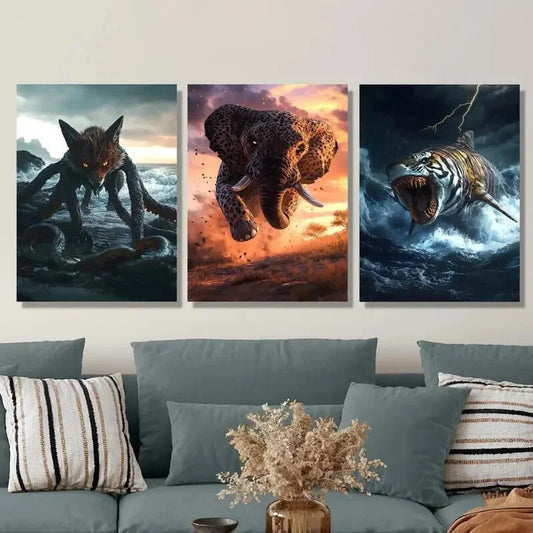 3pcs Enchanting Animal Illustrations And Ancient Metal Print Ready to Hang Art