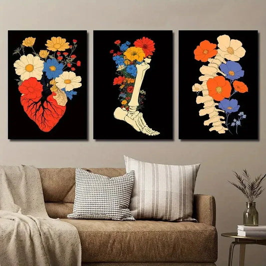 3pcs Colorful Floral Anatomical Heart Floral Metal Print Ready to Hang Art