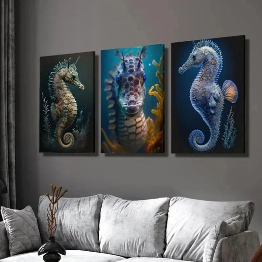 3pcs Seahorse Swimming in Water Wall Art Set Canvas Framed 40x60cm - High Quality Print 100% Australian Made Wall Canvas Ready to Hang