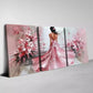 3pcs Charming Pink Dress Woman with Pink Florals Wall Art Set Canvas Framed 40x60cm - High Quality Print 100% Australian Made Wall Canvas Ready to Hang
