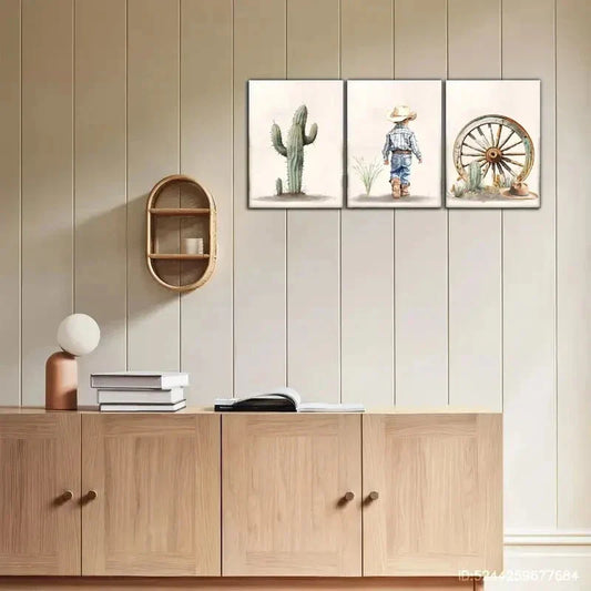 3pcs Aesthetic Cactus Print with Cowboy Western Hat Metal Print Ready toHang Art