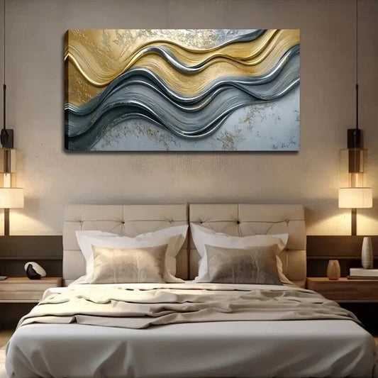 Abstract Wave Design Blue Gold Wall Art Canvas Office Home Room Framed 120x60cm
