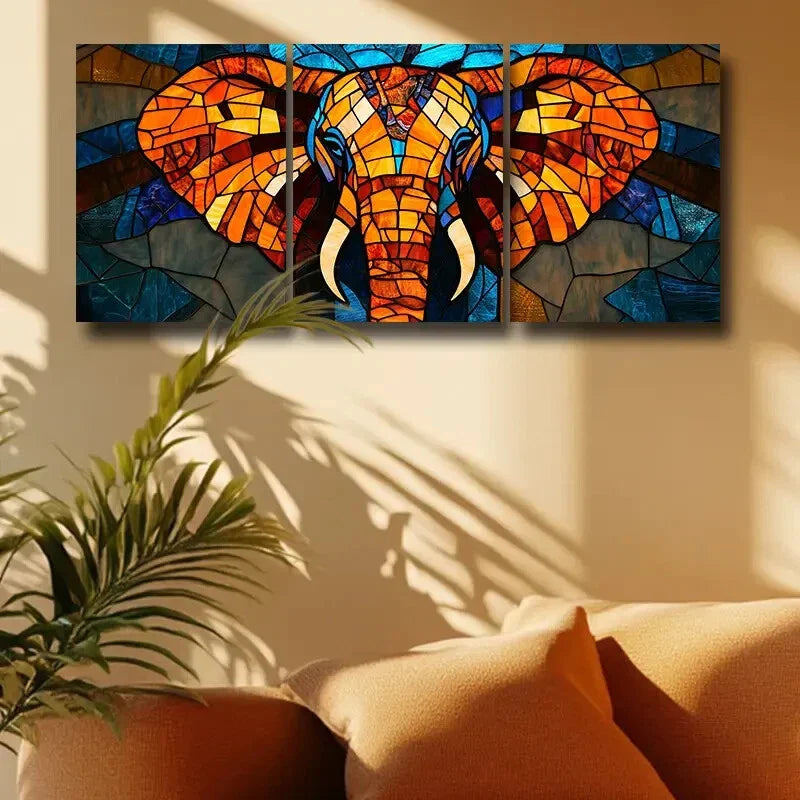 3pcs Vibrant Elephant Stained Glass Style Metal Print Ready to Hang Art
