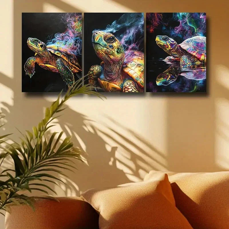 3pcs Colorful Turtle Design with Black Background Metal Print Ready to Hang Art