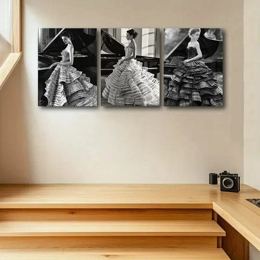 3pcs Elegant Women with Piano Design Metal Print Ready to Hang Art