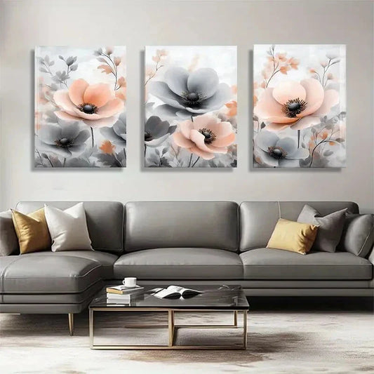 3pcs Elegant Pink & Gray Flower Designs Perfect Wall Art Set Canvas Framed 40x60cm - High Quality Print 100% Australian Made Wall Canvas Ready to Hang