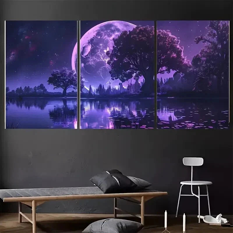 3pcs  large purple moon modern Metal Print Ready to Hang Art