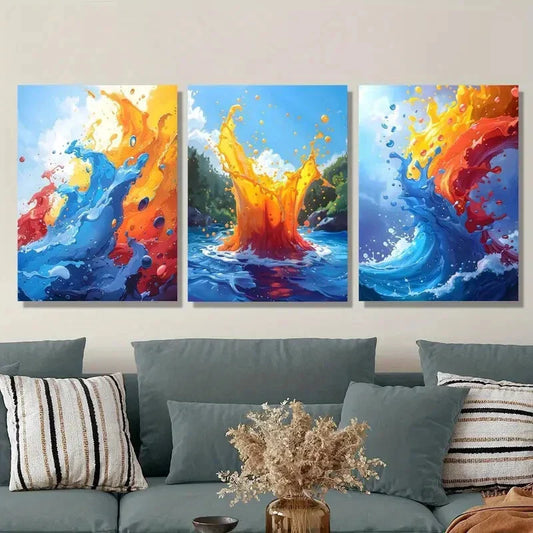 3pcs Vibrant Abstract Ocean Wave Metal Print Ready to Hang Art
