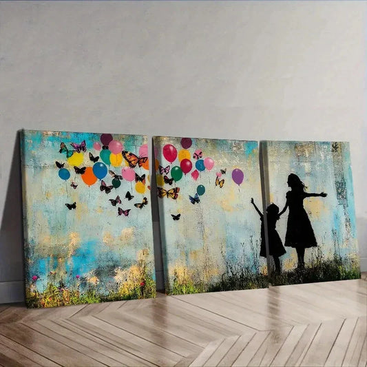 3pcs  Little girl and butterfly balloon Wall Art Set Canvas Framed 40x60cm - High Quality Print 100% Australian Made Wall Canvas Ready to Hang