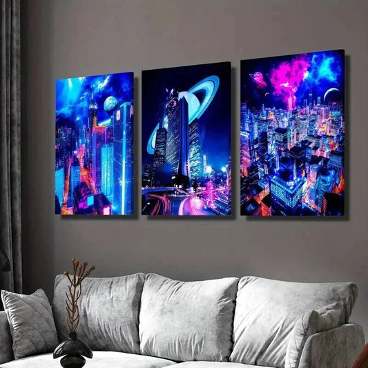 3pcs Sci-Fi City Night Scene with Neon Colors Wall Art Set Canvas Framed 40x60cm - High Quality Print 100% Australian Made Wall Canvas Ready to Hang