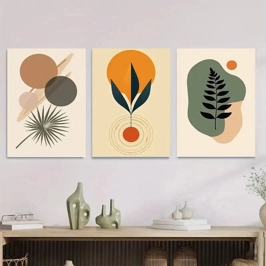 3pcs Modern Abstract Boho Style Orange Metal Print Ready to Hang Art