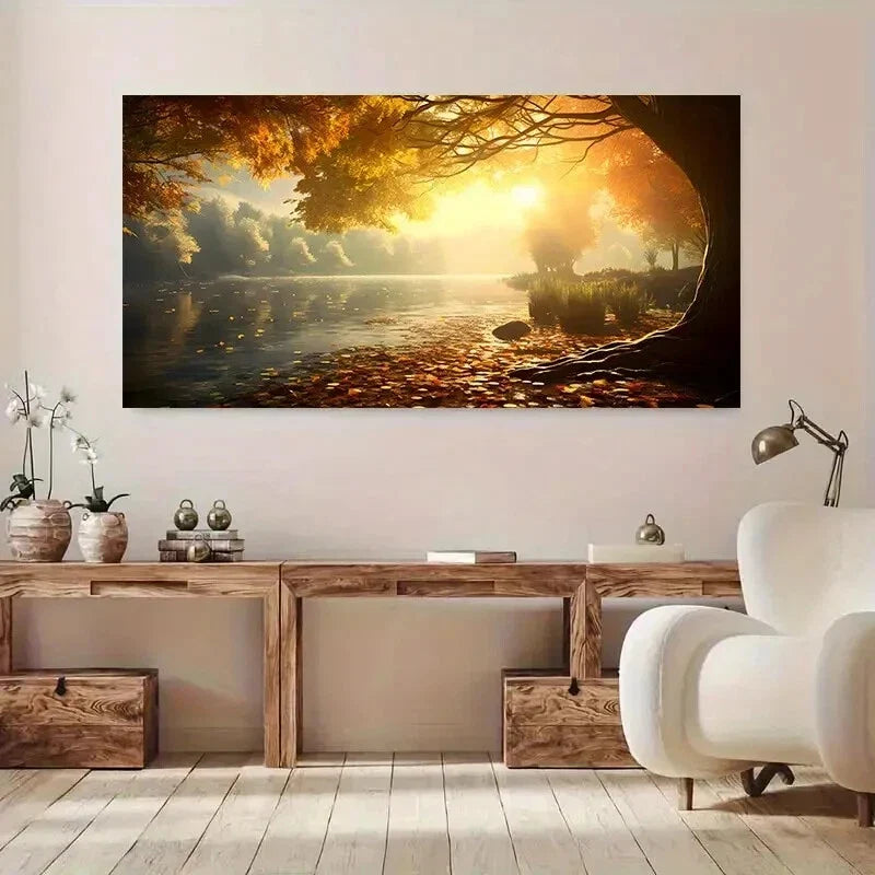 Vibrant Fall Foliage Lakeside Wall Art Canvas Office Home Room Framed 120x60cm