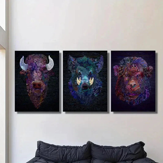 3pcs The Heads of Bulls, Wild Boars and Monkeys Metal Print Ready to Hang Art