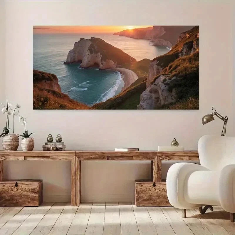 Sunset Vibrant Cliffs Sea wall canvas office home room framed 120x60cm