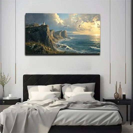 Lighthouse On The Cliff Wall Art Canvas Office Home Room Framed 120x60cm