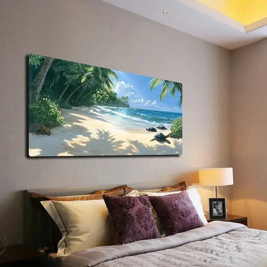 Beach Scene with Palm Trees Wall Art canvas office home room framed 80x45cm