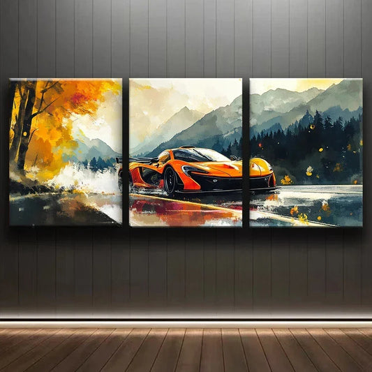 3pcs Orange, Black Hypercar Design Metal Print Ready to Hang Art