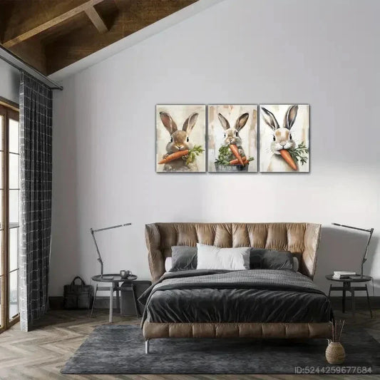 3pcs Cute Bunny and Carrot Vintage Animal Art Metal Print Ready to Hang Art