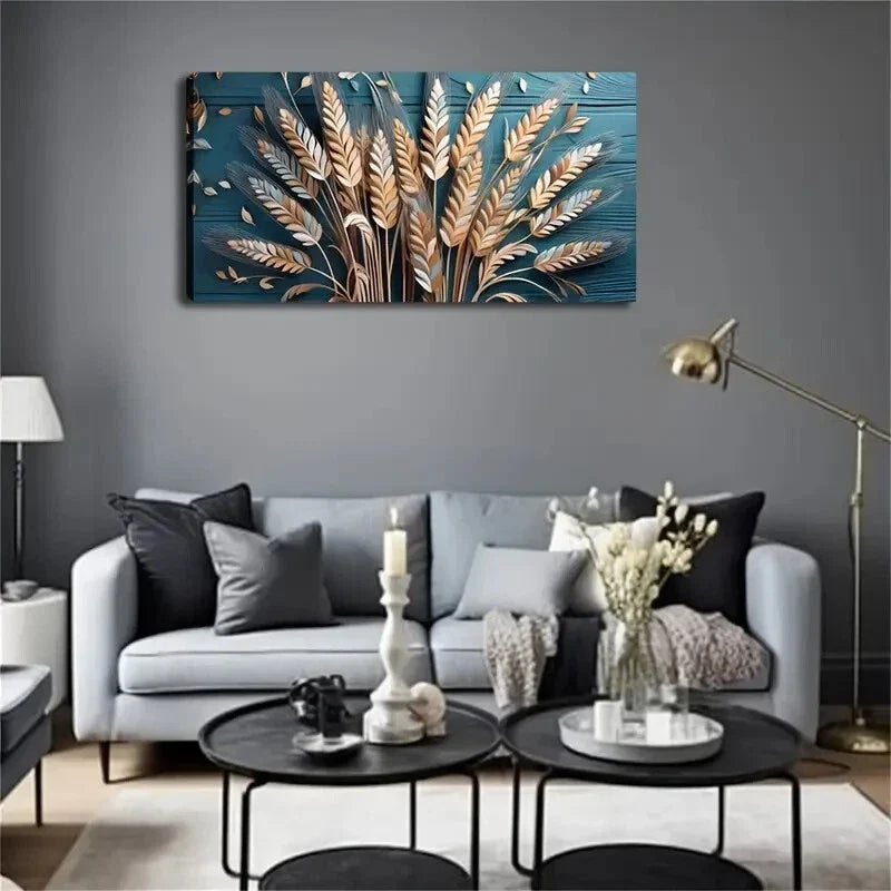 Golden Wheat On Dark Blue Décor Wall Art Canvas Office Home Room Framed 120x60cm