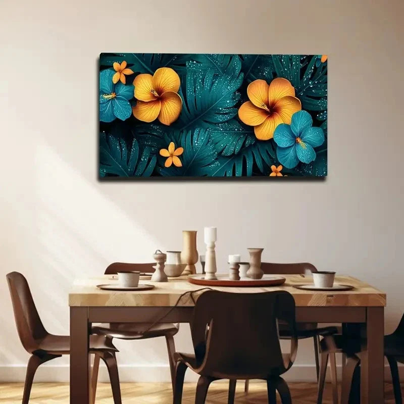 Vibrant Yellow Flowers On Dark Wall Art Canvas Office Home Room Framed 80x45cm