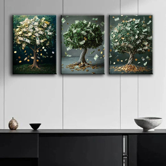 3pcs Money Tree Green Nature Golden Metal Print Ready to Hang Art