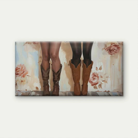 Cowgirl Boots & Western Floral Wall Art Canvas Office Home Room Framed 80x45cm