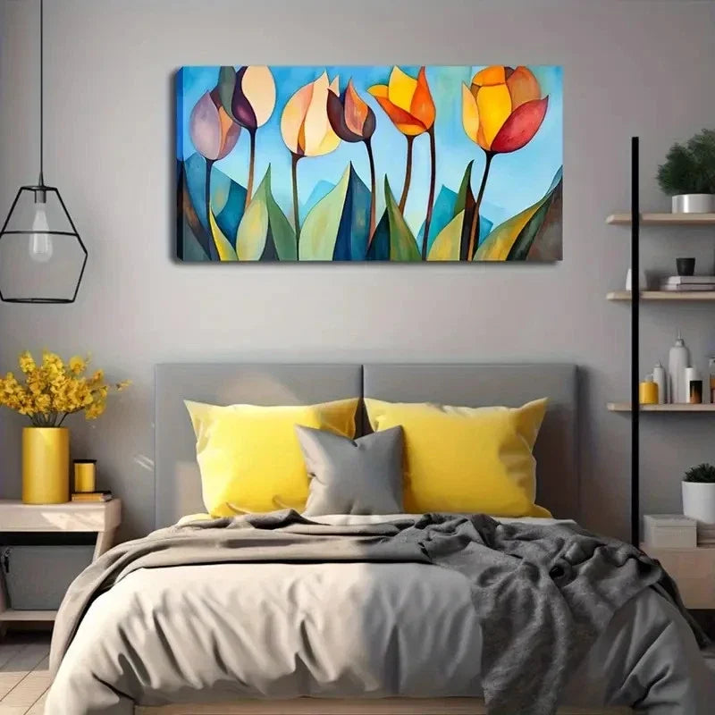 Colorful Floral Modern Tulip Wall Art Canvas Office Home Room Framed 80x45cm