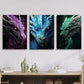 3pcs Vibrant Dragon Portraits in Purple, Blue Metal Print Ready to Hang Art