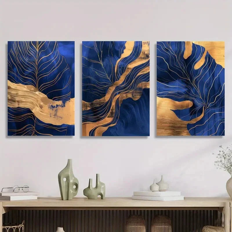 3pcs Luxurious Abstract Blue and Golden Metal Print Ready to Hang Art