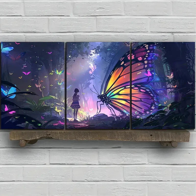 3pcs Colourful Butterfly Girl Forest Metal Print Ready to Hang Art