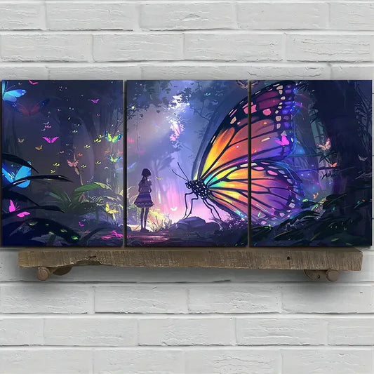 3pcs Colourful Butterfly Girl Forest Metal Print Ready to Hang Art