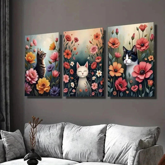 3pcs Cats in the Colorful Garden Design Wall Art Set Canvas Framed 40x60cm - High Quality Print 100% Australian Made Wall Canvas Ready to Hang