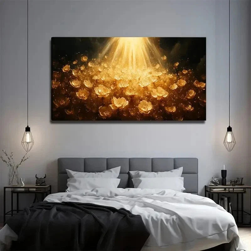Golden Flowers Perfect Wall Art Canvas Office Home Room Framed 80x45cm