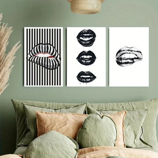 3pcs Black and White Vertical Stripes Lips Modern Metal Print Ready to Hang Art