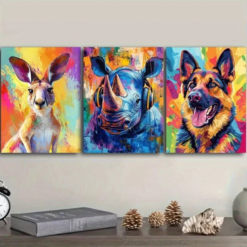 3pcs  Featuring Animals In Colorful Background Wall Art Set Canvas Framed 40x60cm - High Quality Print 100% Australian Made Wall Canvas Ready to Hang