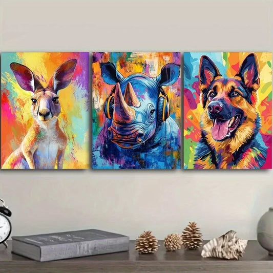 3pcs  Featuring Animals In Colorful Background Wall Art Set Canvas Framed 40x60cm - High Quality Print 100% Australian Made Wall Canvas Ready to Hang