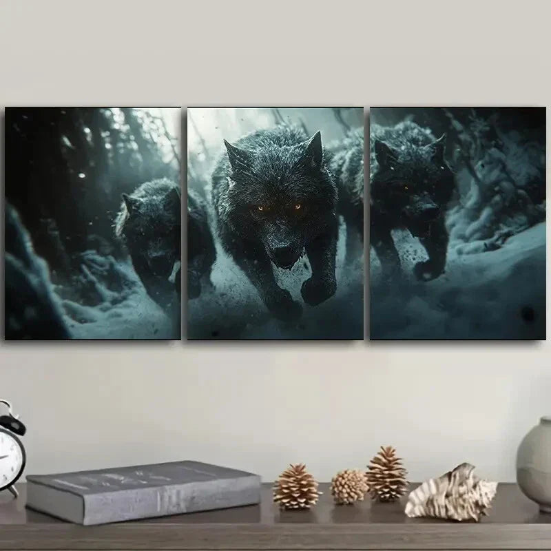 3pcs  Fierce Wolf pack Charging  Wall Art Set Canvas Framed 40x60cm - High Quality Print 100% Australian Made Wall Canvas Ready to Hang