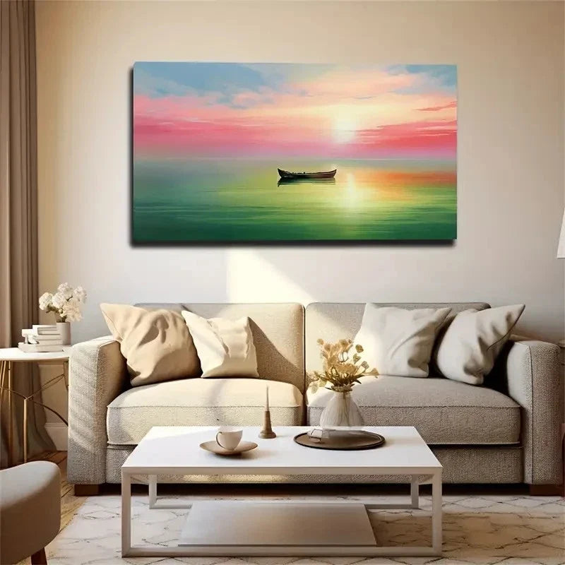 Serene Sunset With Red Sky Wall Art Canvas Office Home Room Framed 80x45cm