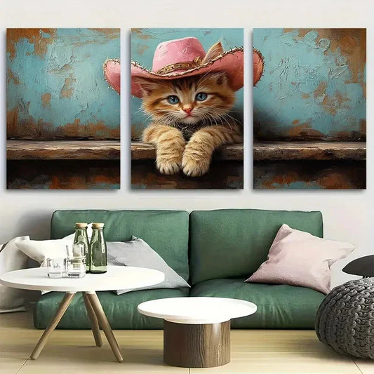 3pcs Whimsical Pink Hat and Boots Cowboy Cat Metal Print Ready to Hang Art