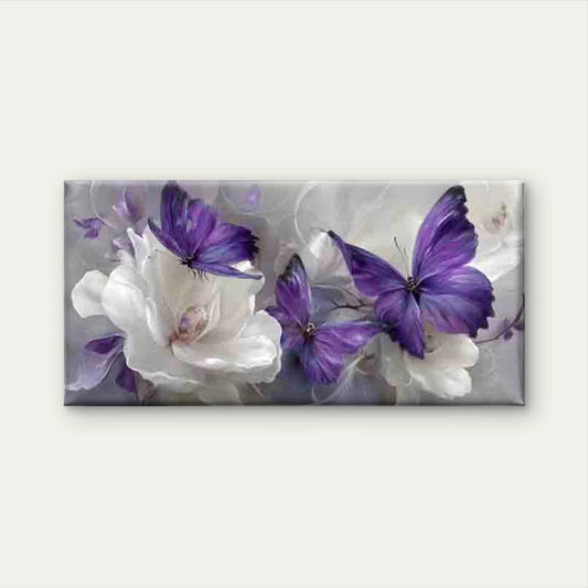 Purple Butterflies Floral Theme Wall Art Canvas Office Home Room Framed 80x45cm