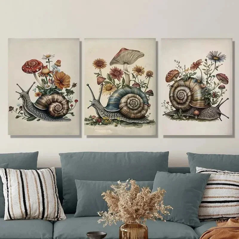3pcs Vintage Snail Flower Mushroom, Metal Print Ready to Hang Art