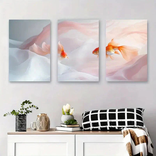 3pcs Elegant Goldfish Soft Abstract Watercolor Metal Print Ready to Hang Art