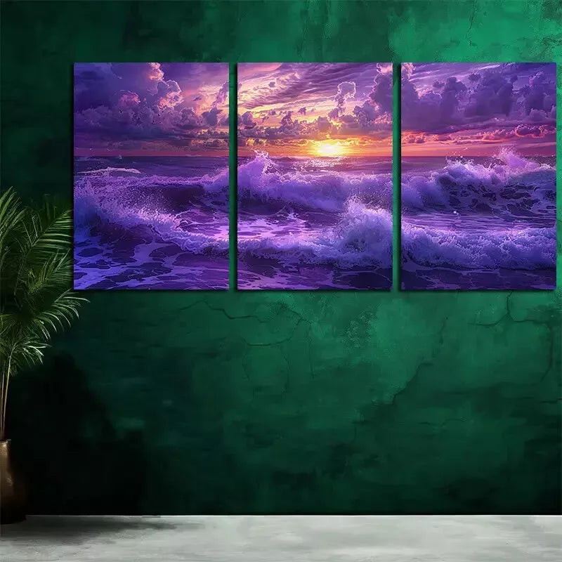 3pcs Purple Ocean Under The Setting Sun Canvas Framed 40x60cm - High Quality Print 100% Australian Made Wall Canvas Ready to Hang