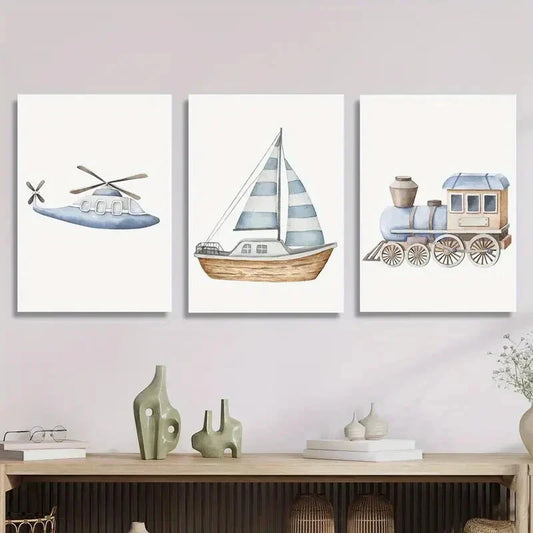 3pcs Watercolor Sailboat Train Airplane Art Paint Metal Print Ready to Hang Art