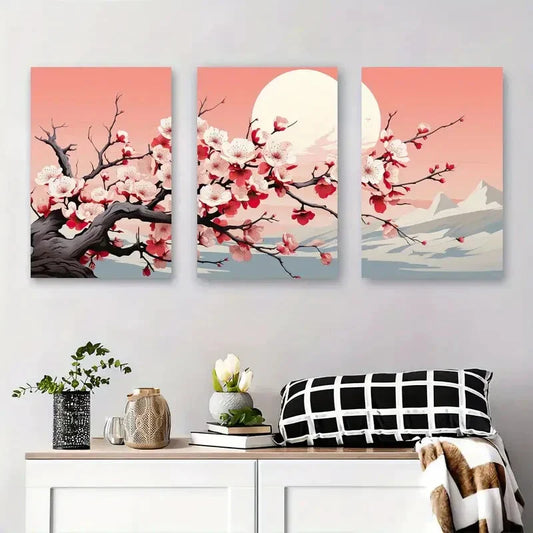 3pcs Serene Cherry Blossom Mountain Metal Print Ready to Hang Art