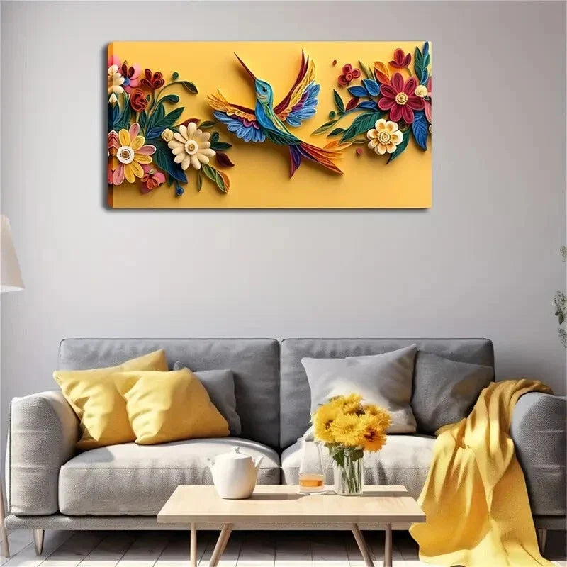 Yellow Colorful Hummingbird Wall Art Canvas Office Home Room Framed 120x60cm